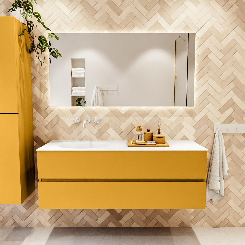 MONDIAZ VICA 140cm mueble de baño Ocher 2 cajones. Lavabo MOON Izquierda sin orificio color Talc con espejo LED. 2 MONDIAZ VICA 140cm mueble de baño Ocher 2 cajones. Lavabo MOON Izquierda sin orificio color Talc con espejo LED. - Imagen 2