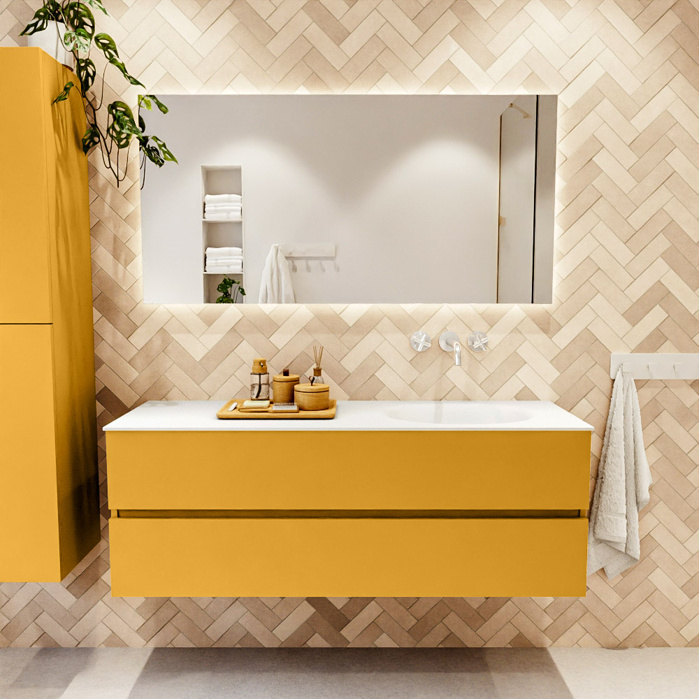 MONDIAZ VICA 140cm mueble de baño Ocher 2 cajones. Lavabo MOON Derecho sin orificio color Talc con espejo LED. 2 MONDIAZ VICA 140cm mueble de baño Ocher 2 cajones. Lavabo MOON Derecho sin orificio color Talc con espejo LED. - Imagen 2