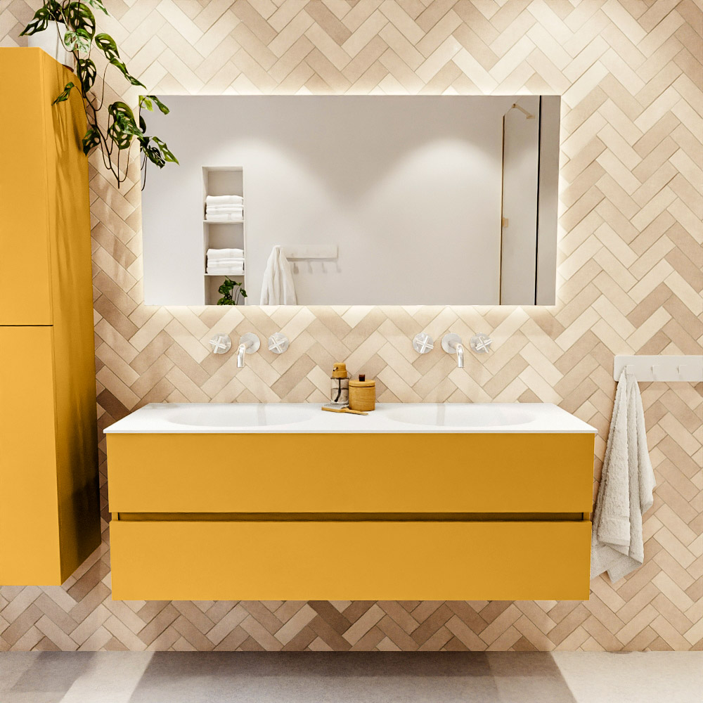 MONDIAZ VICA 140cm mueble de baño Ocher 2 cajones. Lavabo MOON Doble sin orificio color Talc con espejo LED. 2 MONDIAZ VICA 140cm mueble de baño Ocher 2 cajones. Lavabo MOON Doble sin orificio color Talc con espejo LED. - Imagen 2