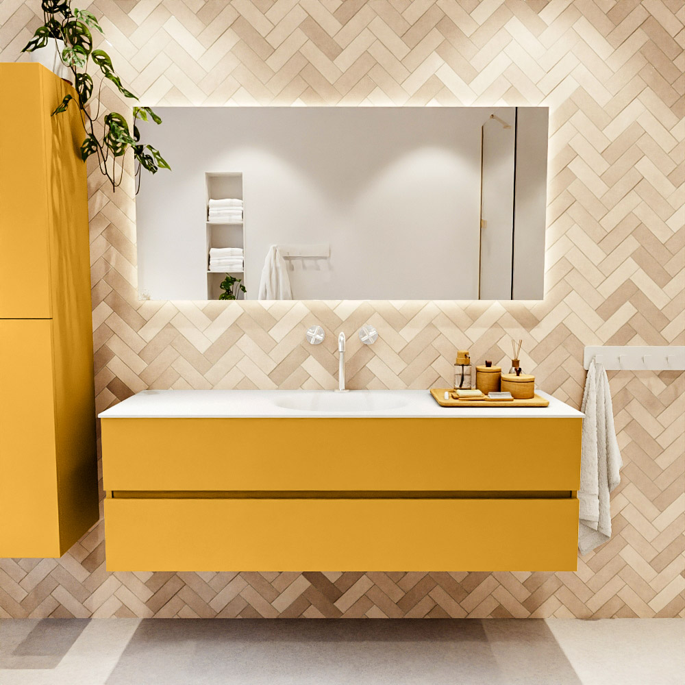 MONDIAZ VICA 150cm mueble de baño Ocher 2 cajones. Lavabo MOON Centro 1 orificio color Talc con espejo LED. 2 MONDIAZ VICA 150cm mueble de baño Ocher 2 cajones. Lavabo MOON Centro 1 orificio color Talc con espejo LED. - Imagen 2