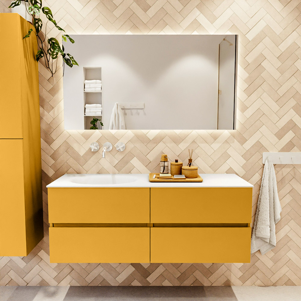 MONDIAZ VICA 130cm mueble de baño Ocher 4 cajones. Lavabo MOON Izquierda sin orificio color Talc con espejo LED. 2 MONDIAZ VICA 130cm mueble de baño Ocher 4 cajones. Lavabo MOON Izquierda sin orificio color Talc con espejo LED. - Imagen 2