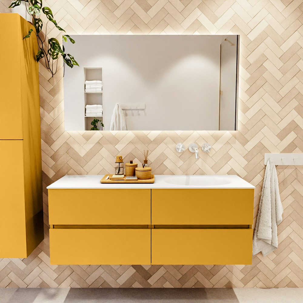 MONDIAZ VICA 130cm mueble de baño Ocher 4 cajones. Lavabo MOON Derecho sin orificio color Talc con espejo LED. 2 MONDIAZ VICA 130cm mueble de baño Ocher 4 cajones. Lavabo MOON Derecho sin orificio color Talc con espejo LED. - Imagen 2