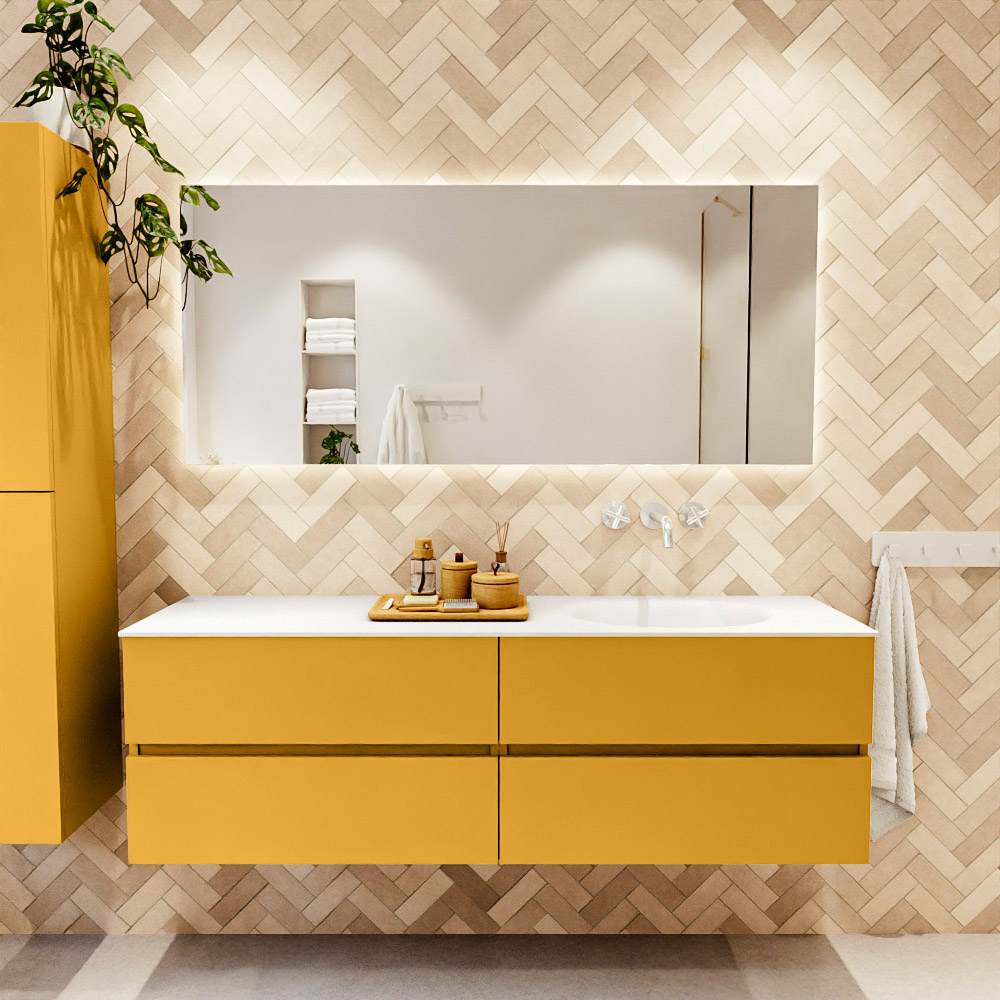MONDIAZ VICA 160cm mueble de baño Ocher 4 cajones. Lavabo MOON Derecho sin orificio color Talc con espejo LED. 2 MONDIAZ VICA 160cm mueble de baño Ocher 4 cajones. Lavabo MOON Derecho sin orificio color Talc con espejo LED. - Imagen 2