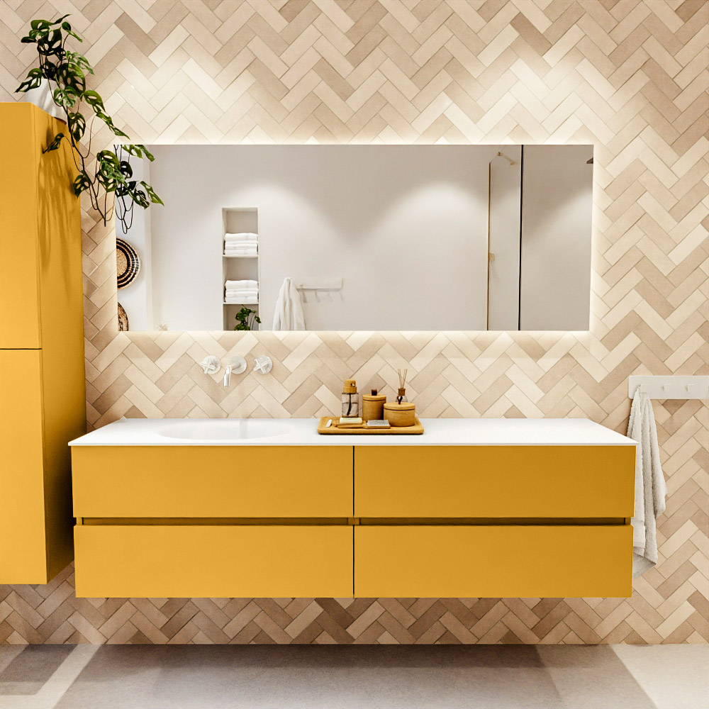 MONDIAZ VICA 180cm mueble de baño Ocher 4 cajones. Lavabo MOON Izquierda sin orificio color Talc con espejo LED. 2 MONDIAZ VICA 180cm mueble de baño Ocher 4 cajones. Lavabo MOON Izquierda sin orificio color Talc con espejo LED. - Imagen 2