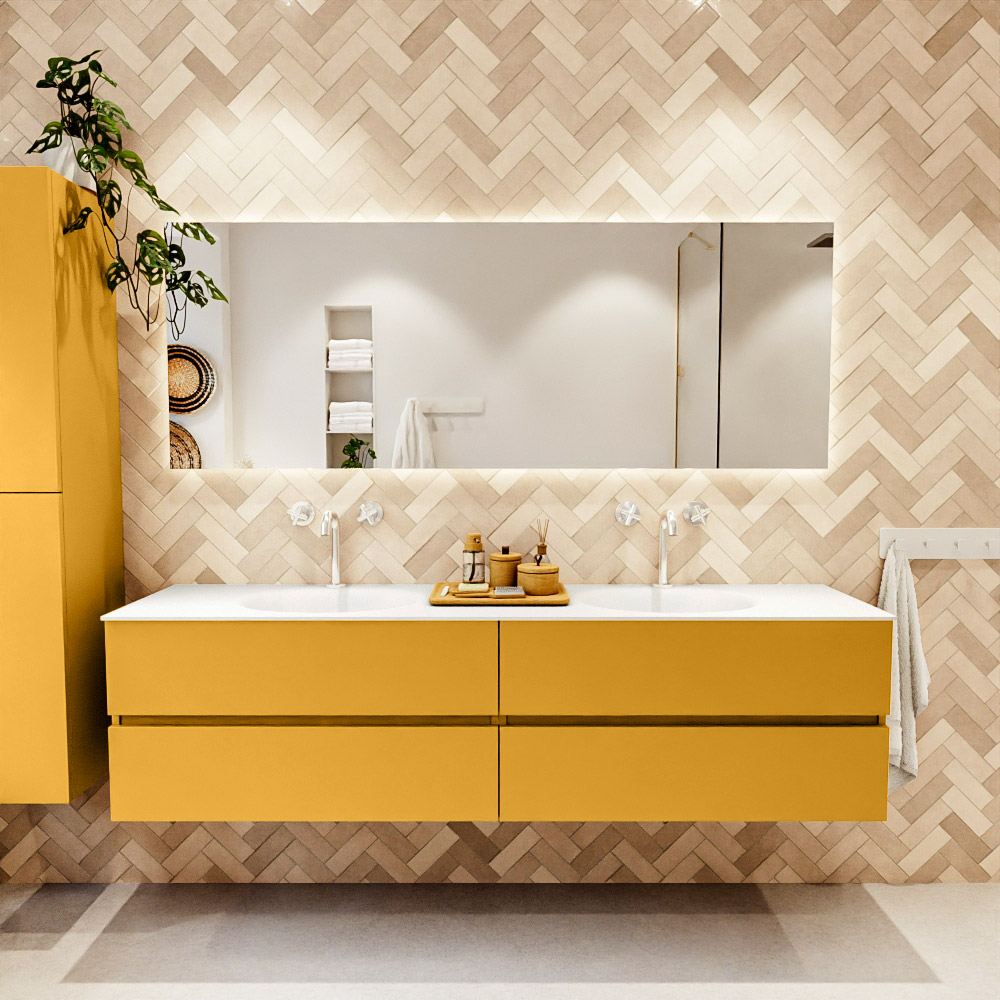 MONDIAZ VICA 190cm mueble de baño Ocher 4 cajones. Lavabo MOON Doble 2 orificios color Talc con espejo LED. 2 MONDIAZ VICA 190cm mueble de baño Ocher 4 cajones. Lavabo MOON Doble 2 orificios color Talc con espejo LED. - Imagen 2