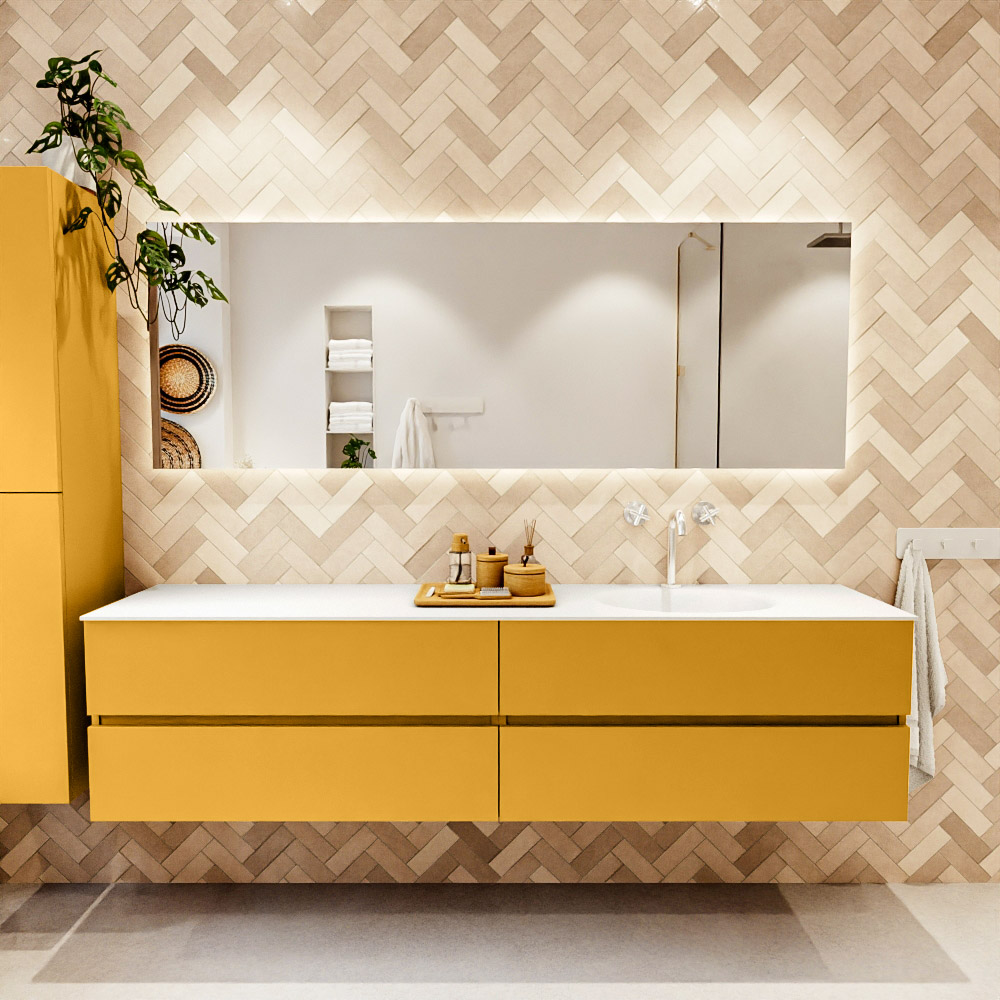 MONDIAZ VICA 200cm mueble de baño Ocher 4 cajones. Lavabo MOON Derecho 1 orificio color Talc con espejo LED. 2 MONDIAZ VICA 200cm mueble de baño Ocher 4 cajones. Lavabo MOON Derecho 1 orificio color Talc con espejo LED. - Imagen 2