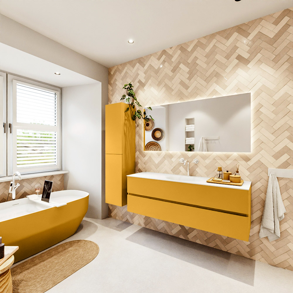 MONDIAZ VICA 150cm mueble de baño Ocher 2 cajones. Lavabo MOON Centro 1 orificio color Talc con espejo LED. 4 MONDIAZ VICA 150cm mueble de baño Ocher 2 cajones. Lavabo MOON Centro 1 orificio color Talc con espejo LED. - Imagen 4