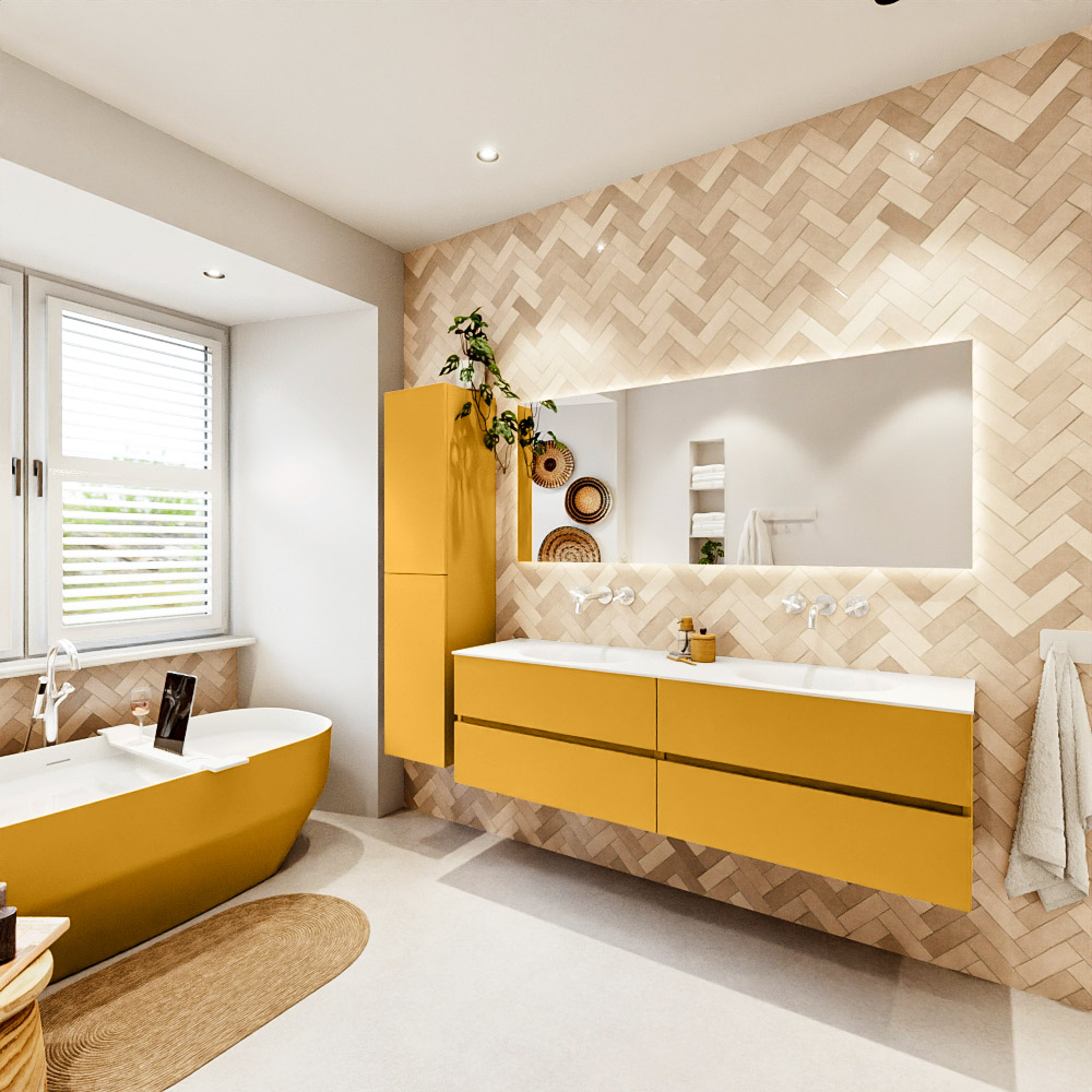 MONDIAZ VICA 170cm mueble de baño Ocher 4 cajones. Lavabo MOON Doble sin orificio color Talc con espejo LED. 4 MONDIAZ VICA 170cm mueble de baño Ocher 4 cajones. Lavabo MOON Doble sin orificio color Talc con espejo LED. - Imagen 4