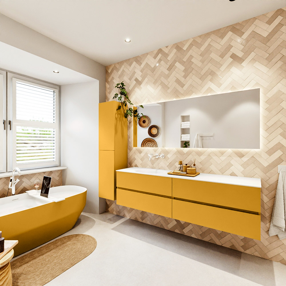 MONDIAZ VICA 180cm mueble de baño Ocher 4 cajones. Lavabo MOON Izquierda sin orificio color Talc con espejo LED. 4 MONDIAZ VICA 180cm mueble de baño Ocher 4 cajones. Lavabo MOON Izquierda sin orificio color Talc con espejo LED. - Imagen 4