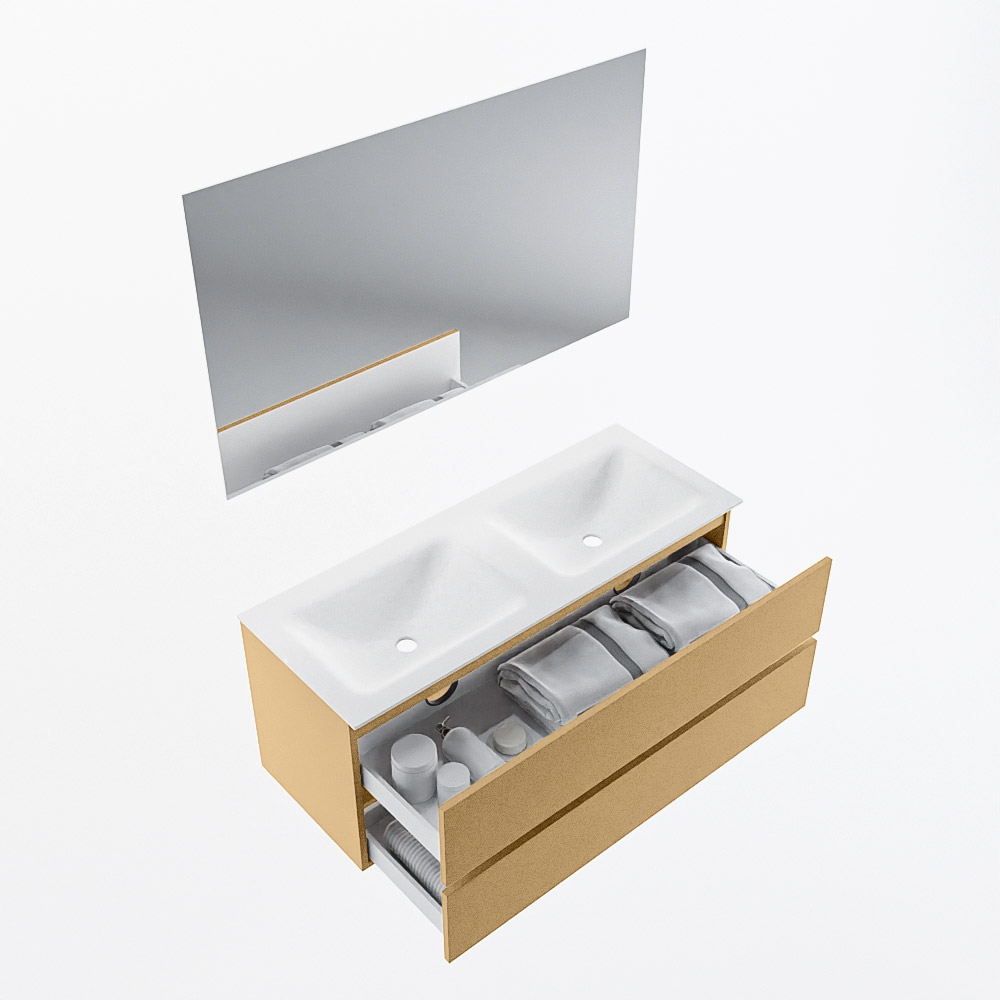 MONDIAZ VICA 120cm mueble de baño Oro 2 cajones. Lavabo CLOUD Doble 2 orificios color Talc con espejo LED. 7 MONDIAZ VICA 120cm mueble de baño Oro 2 cajones. Lavabo CLOUD Doble 2 orificios color Talc con espejo LED. - Imagen 7