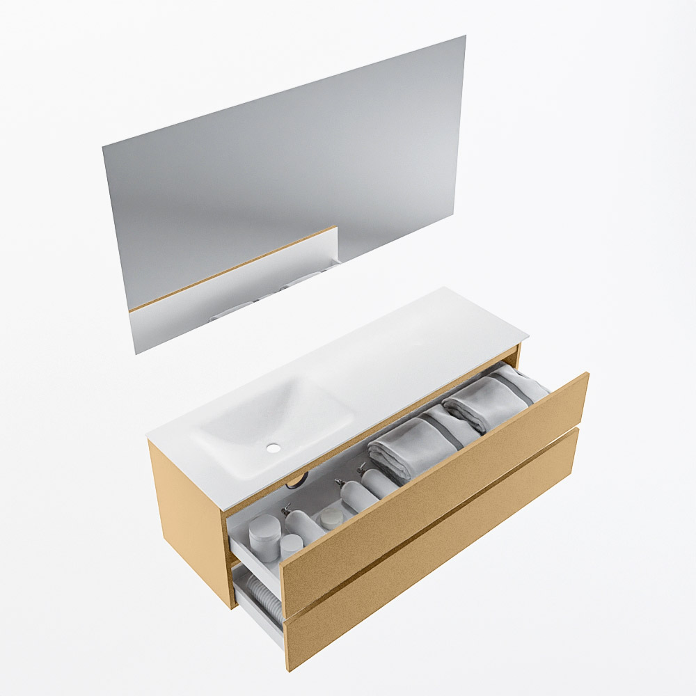 MONDIAZ VICA 140cm mueble de baño Oro 2 cajones. Lavabo CLOUD Izquierda sin orificio color Talc con espejo LED. 6 MONDIAZ VICA 140cm mueble de baño Oro 2 cajones. Lavabo CLOUD Izquierda sin orificio color Talc con espejo LED. - Imagen 7