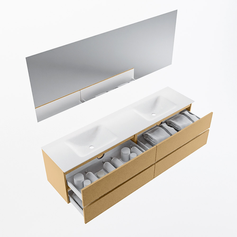 MONDIAZ VICA 190cm mueble de baño Oro 4 cajones. Lavabo CLOUD Doble 2 orificios color Talc con espejo LED. 7 MONDIAZ VICA 190cm mueble de baño Oro 4 cajones. Lavabo CLOUD Doble 2 orificios color Talc con espejo LED. - Imagen 7