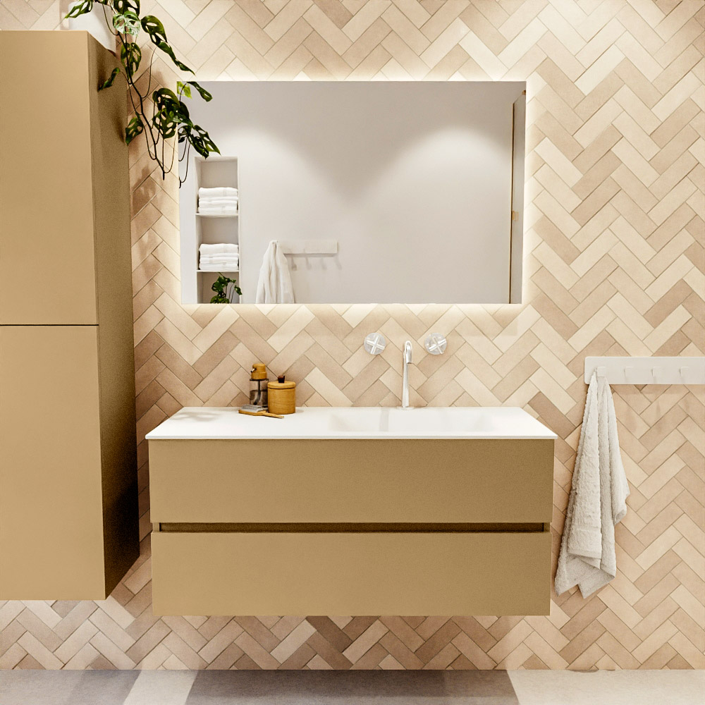 MONDIAZ VICA 110cm mueble de baño Oro 2 cajones. Lavabo CLOUD Derecho 1 orificio color Talc con espejo LED. 2 MONDIAZ VICA 110cm mueble de baño Oro 2 cajones. Lavabo CLOUD Derecho 1 orificio color Talc con espejo LED. - Imagen 2