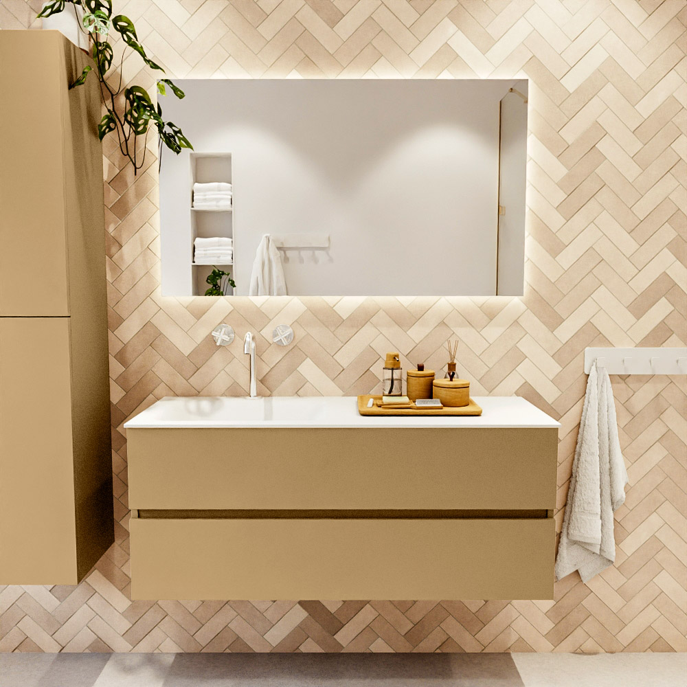 MONDIAZ VICA 120cm mueble de baño Oro 2 cajones. Lavabo CLOUD Izquierda 1 orificio color Talc con espejo LED. 2 MONDIAZ VICA 120cm mueble de baño Oro 2 cajones. Lavabo CLOUD Izquierda 1 orificio color Talc con espejo LED. - Imagen 2