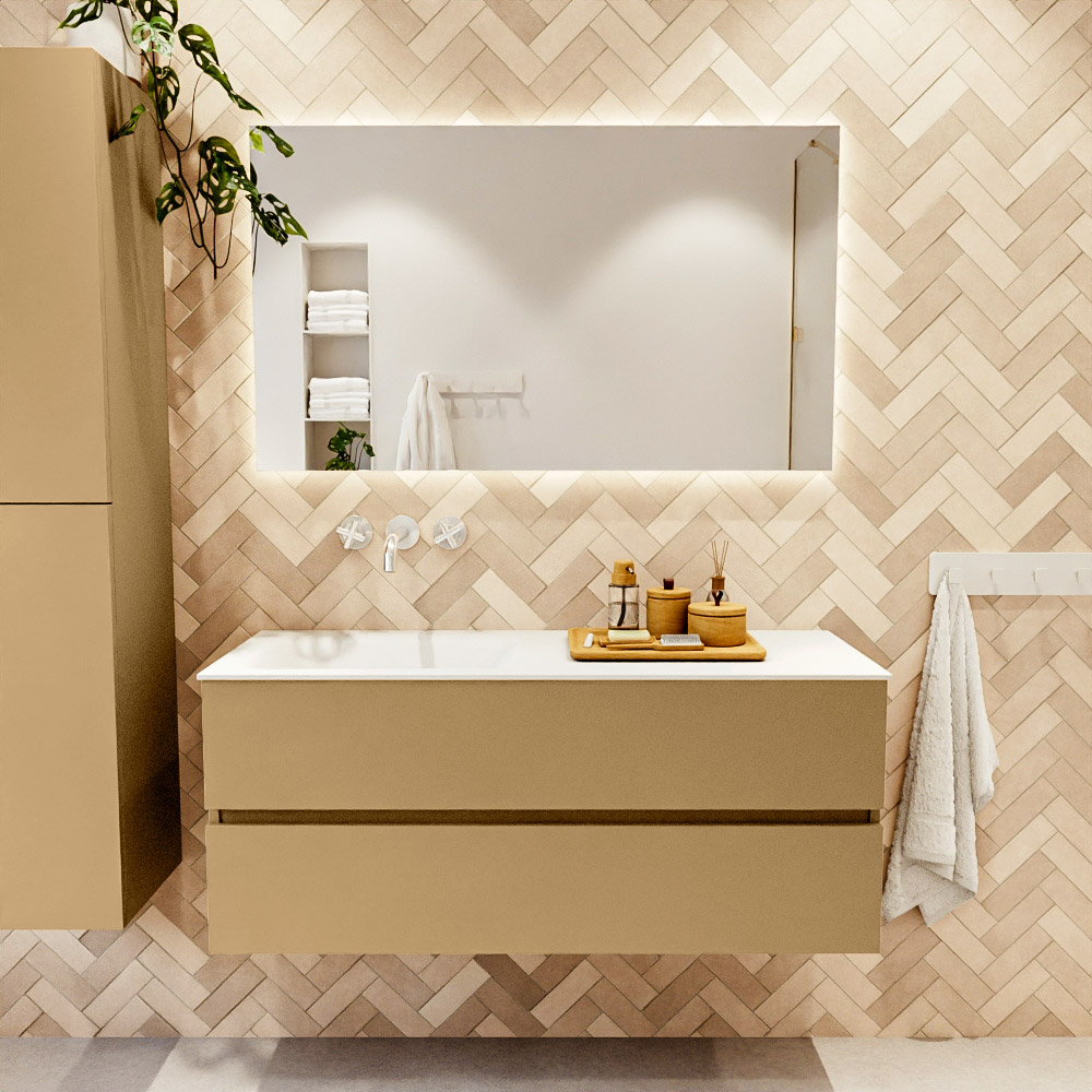 MONDIAZ VICA 120cm mueble de baño Oro 2 cajones. Lavabo CLOUD Izquierda sin orificio color Talc con espejo LED. 2 MONDIAZ VICA 120cm mueble de baño Oro 2 cajones. Lavabo CLOUD Izquierda sin orificio color Talc con espejo LED. - Imagen 2