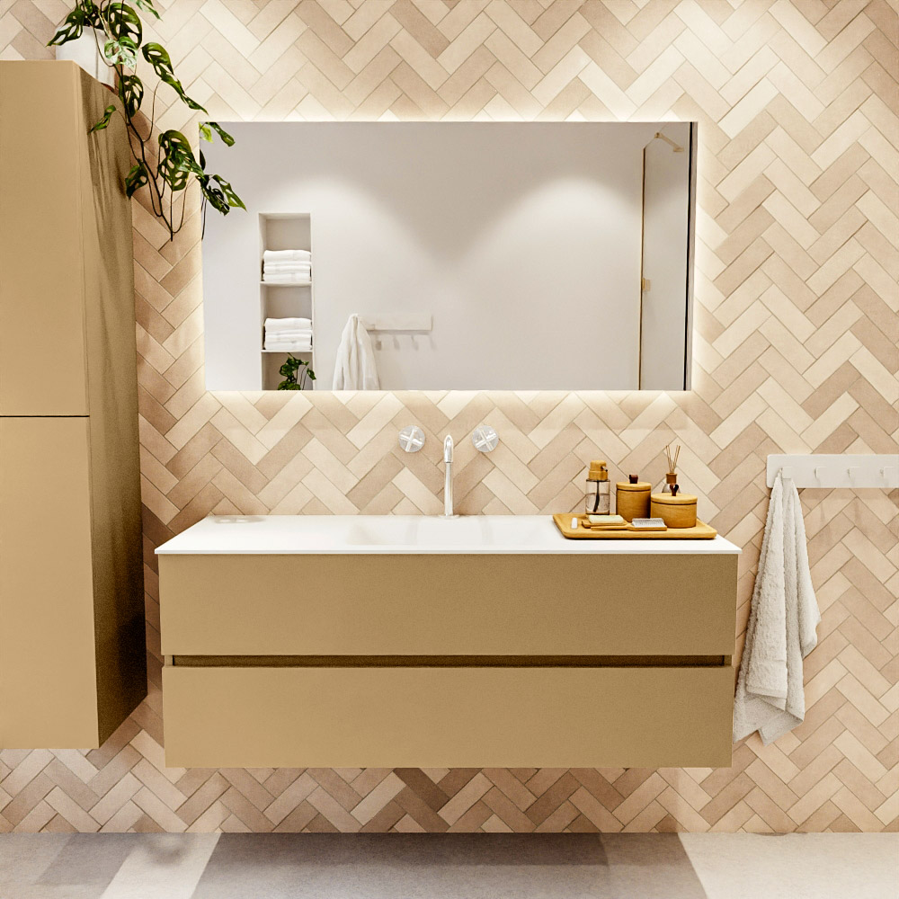 MONDIAZ VICA 130cm mueble de baño Oro 2 cajones. Lavabo CLOUD Centro 1 orificio color Talc con espejo LED. 2 MONDIAZ VICA 130cm mueble de baño Oro 2 cajones. Lavabo CLOUD Centro 1 orificio color Talc con espejo LED. - Imagen 2