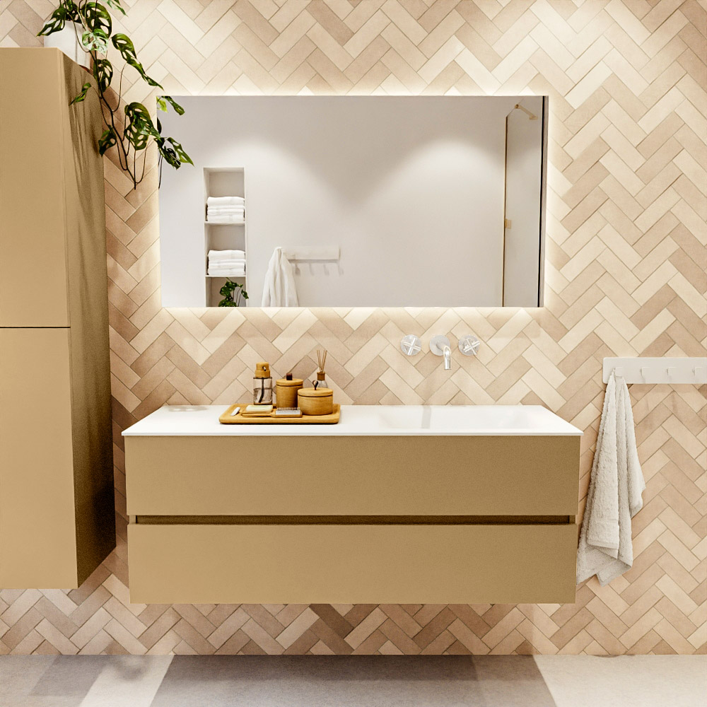 MONDIAZ VICA 130cm mueble de baño Oro 2 cajones. Lavabo CLOUD Derecho sin orificio color Talc con espejo LED. 2 MONDIAZ VICA 130cm mueble de baño Oro 2 cajones. Lavabo CLOUD Derecho sin orificio color Talc con espejo LED. - Imagen 2