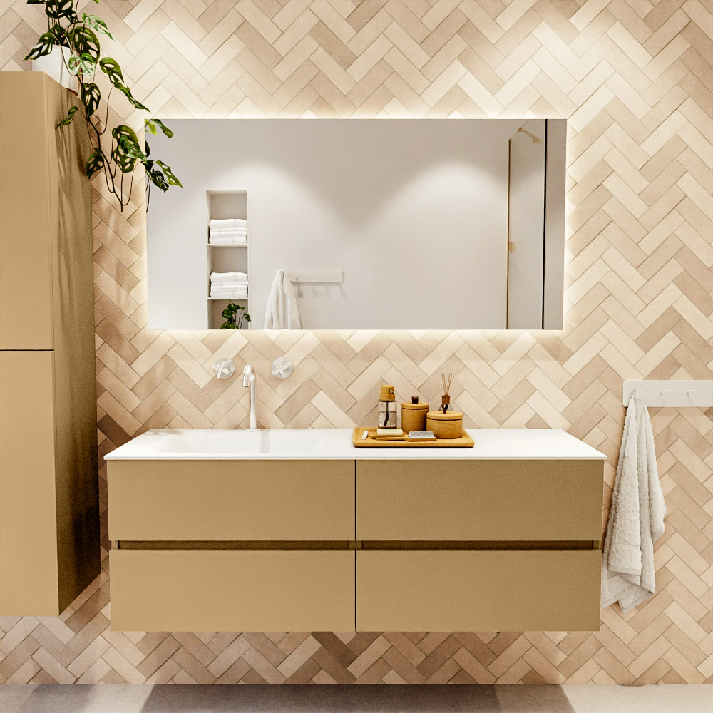 MONDIAZ VICA 140cm mueble de baño Oro 4 cajones. Lavabo CLOUD Izquierda 1 orificio color Talc con espejo LED. 2 MONDIAZ VICA 140cm mueble de baño Oro 4 cajones. Lavabo CLOUD Izquierda 1 orificio color Talc con espejo LED. - Imagen 2