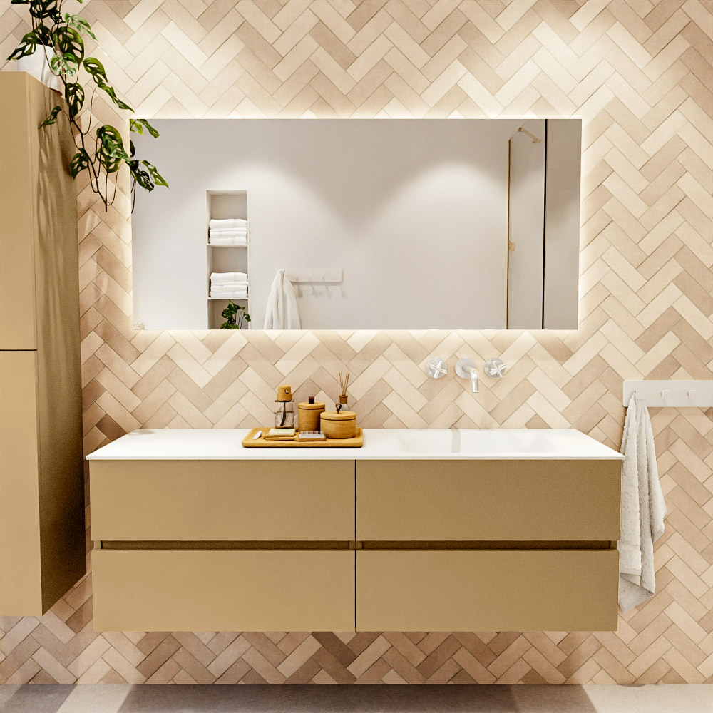 MONDIAZ VICA 150cm mueble de baño Oro 4 cajones. Lavabo CLOUD Derecho sin orificio color Talc con espejo LED. 2 MONDIAZ VICA 150cm mueble de baño Oro 4 cajones. Lavabo CLOUD Derecho sin orificio color Talc con espejo LED. - Imagen 2