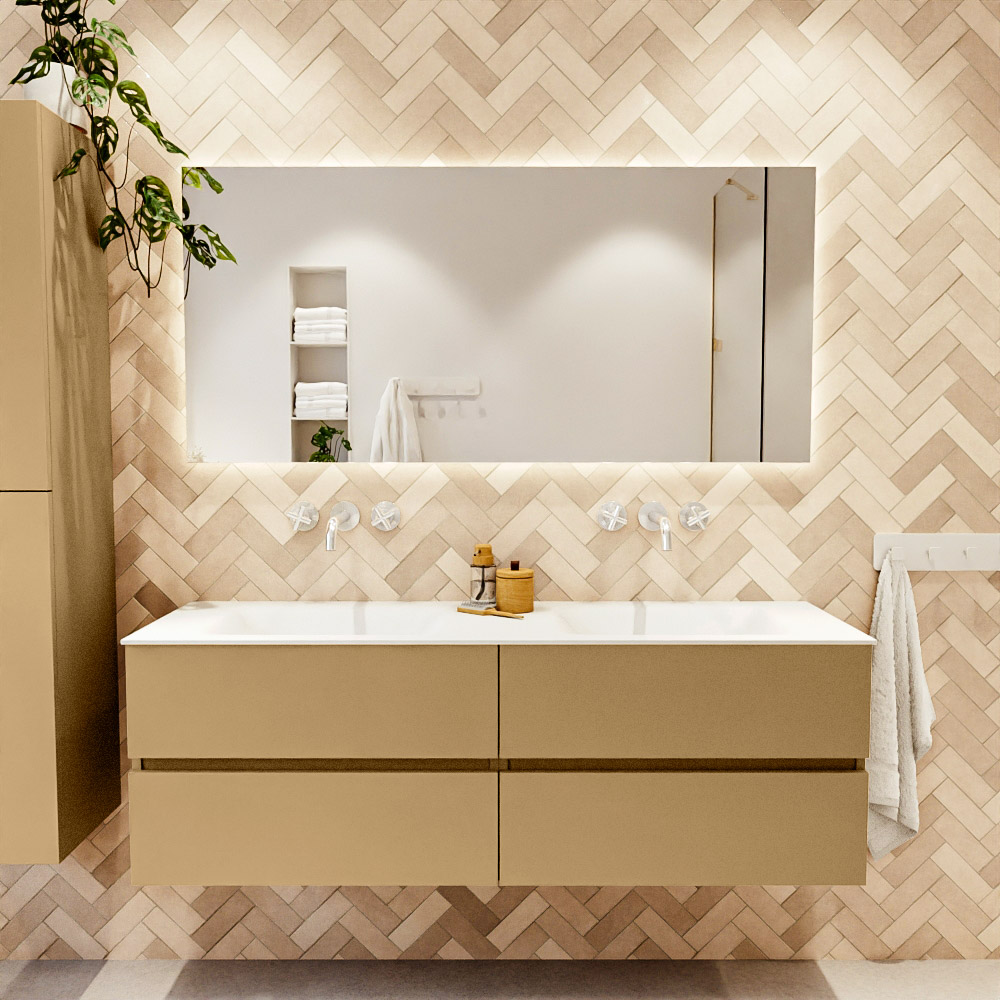 MONDIAZ VICA 150cm mueble de baño Oro 4 cajones. Lavabo CLOUD Doble sin orificio color Talc con espejo LED. 2 MONDIAZ VICA 150cm mueble de baño Oro 4 cajones. Lavabo CLOUD Doble sin orificio color Talc con espejo LED. - Imagen 2