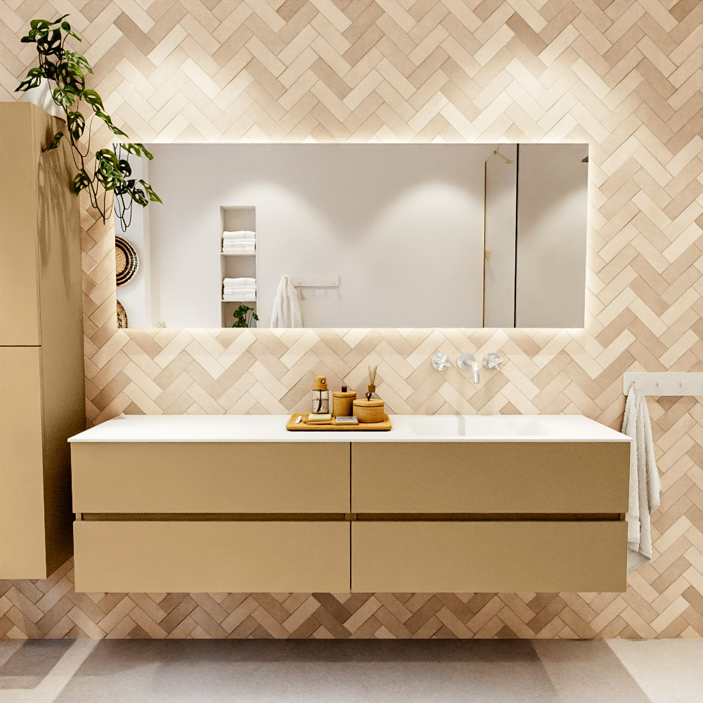 MONDIAZ VICA 180cm mueble de baño Oro 4 cajones. Lavabo CLOUD Derecho sin orificio color Talc con espejo LED. 2 MONDIAZ VICA 180cm mueble de baño Oro 4 cajones. Lavabo CLOUD Derecho sin orificio color Talc con espejo LED. - Imagen 2