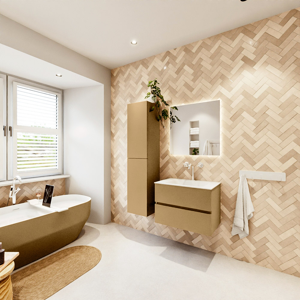 MONDIAZ VICA 70cm mueble de baño Oro 2 cajones. Lavabo CLOUD Centro 1 orificio color Talc con espejo LED. 4 MONDIAZ VICA 70cm mueble de baño Oro 2 cajones. Lavabo CLOUD Centro 1 orificio color Talc con espejo LED. - Imagen 4