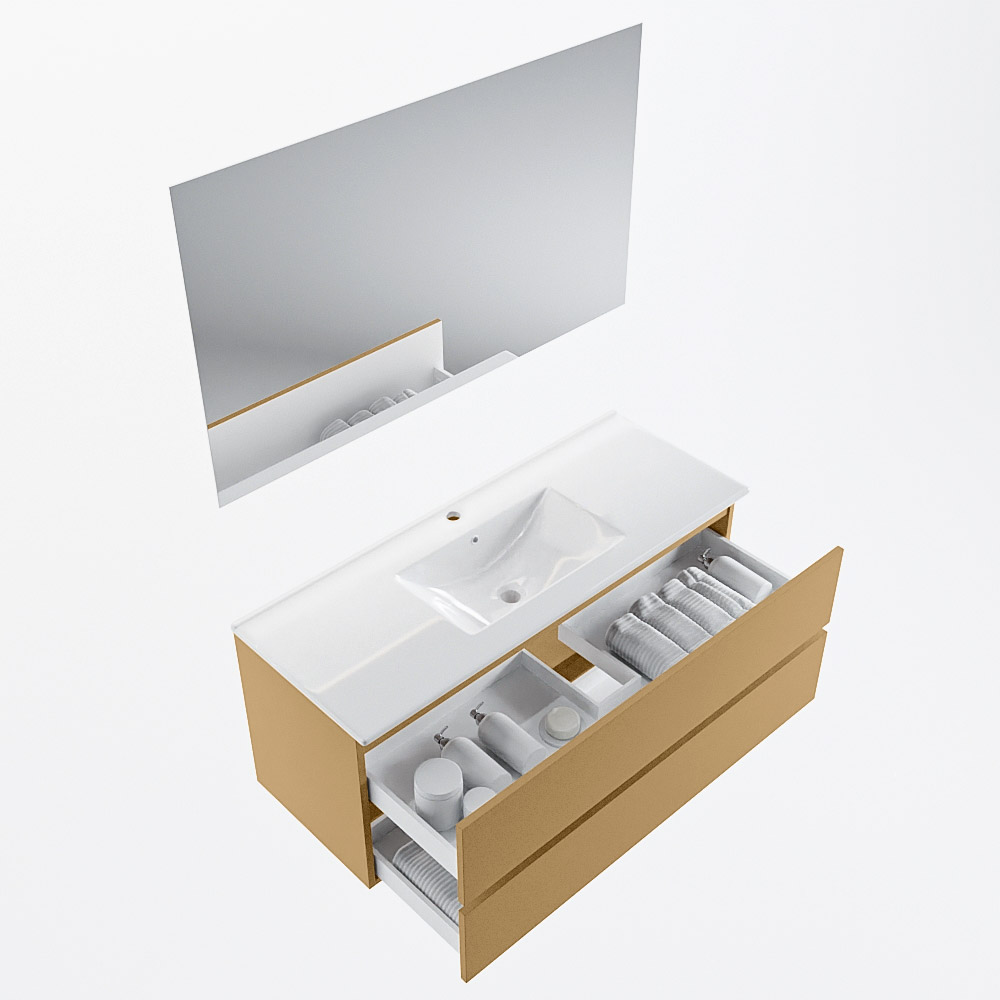 MONDIAZ VICA 120cm mueble de baño Oro 2 cajones. Lavabo DENIA Centro 1 orificio color Blanco brillo con espejo LED. 7 MONDIAZ VICA 120cm mueble de baño Oro 2 cajones. Lavabo DENIA Centro 1 orificio color Blanco brillo con espejo LED. - Imagen 7