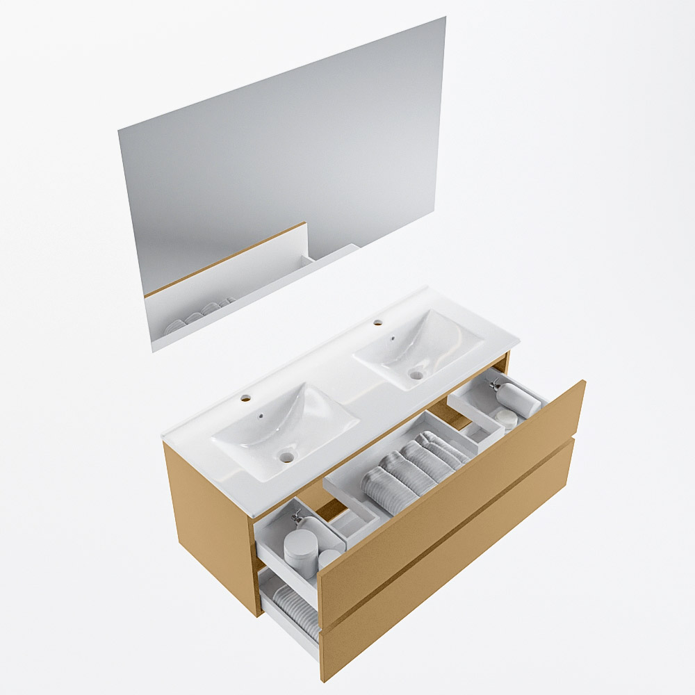 MONDIAZ VICA 120cm mueble de baño Oro 2 cajones. Lavabo DENIA Doble 2 orificios color Blanco brillo con espejo LED. 7 MONDIAZ VICA 120cm mueble de baño Oro 2 cajones. Lavabo DENIA Doble 2 orificios color Blanco brillo con espejo LED. - Imagen 7