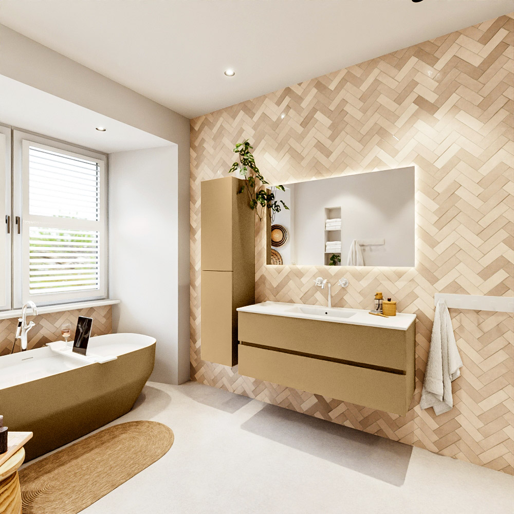 MONDIAZ VICA 120cm mueble de baño Oro 2 cajones. Lavabo DENIA Centro 1 orificio color Blanco brillo con espejo LED. 4 MONDIAZ VICA 120cm mueble de baño Oro 2 cajones. Lavabo DENIA Centro 1 orificio color Blanco brillo con espejo LED. - Imagen 4