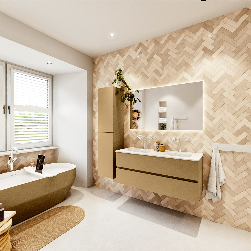 MONDIAZ VICA 120cm mueble de baño Oro 2 cajones. Lavabo DENIA Doble 2 orificios color Blanco brillo con espejo LED. 4 MONDIAZ VICA 120cm mueble de baño Oro 2 cajones. Lavabo DENIA Doble 2 orificios color Blanco brillo con espejo LED. - Imagen 4