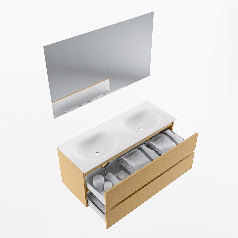 MONDIAZ VICA 120cm mueble de baño Oro 2 cajones. Lavabo MOON Doble sin orificio color Talc con espejo LED. 7 MONDIAZ VICA 120cm mueble de baño Oro 2 cajones. Lavabo MOON Doble sin orificio color Talc con espejo LED. - Imagen 7