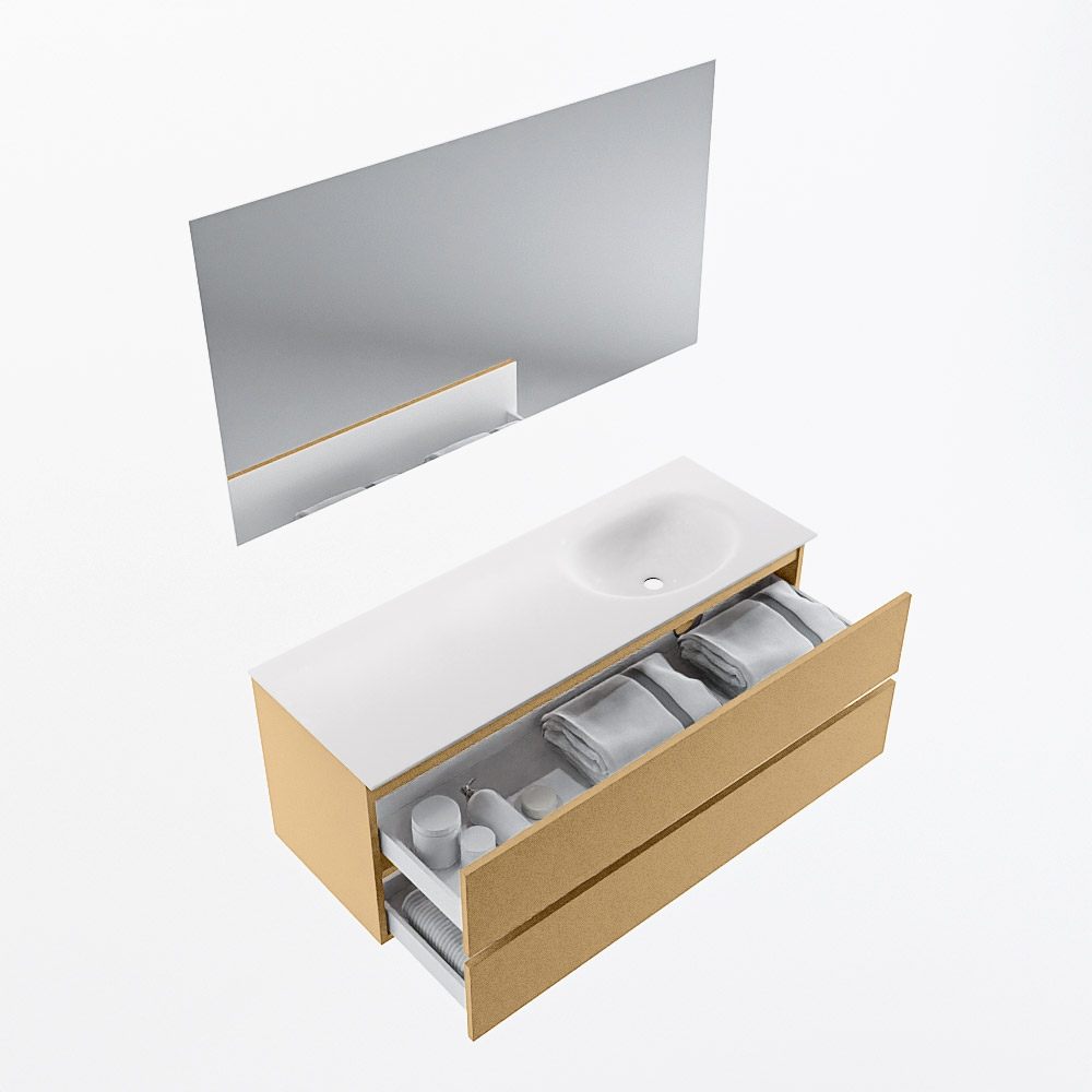 MONDIAZ VICA 130cm mueble de baño Oro 2 cajones. Lavabo MOON Derecho 1 orificio color Talc con espejo LED. 6 MONDIAZ VICA 130cm mueble de baño Oro 2 cajones. Lavabo MOON Derecho 1 orificio color Talc con espejo LED. - Imagen 7