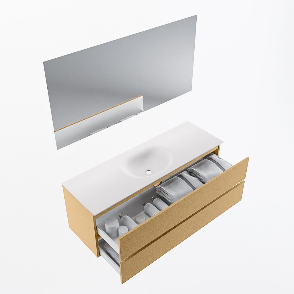 MONDIAZ VICA 140cm mueble de baño Oro 2 cajones. Lavabo MOON Centro 1 orificio color Talc con espejo LED. 7 MONDIAZ VICA 140cm mueble de baño Oro 2 cajones. Lavabo MOON Centro 1 orificio color Talc con espejo LED. - Imagen 7