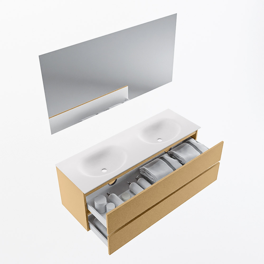 MONDIAZ VICA 140cm mueble de baño Oro 2 cajones. Lavabo MOON Doble 2 orificios color Talc con espejo LED. 7 MONDIAZ VICA 140cm mueble de baño Oro 2 cajones. Lavabo MOON Doble 2 orificios color Talc con espejo LED. - Imagen 7