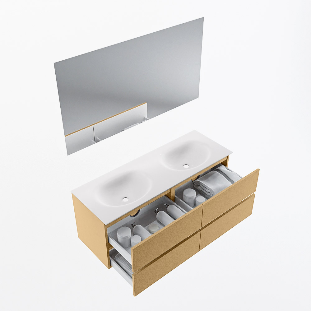 MONDIAZ VICA 130cm mueble de baño Oro 4 cajones. Lavabo MOON Doble 2 orificios color Talc con espejo LED. 6 MONDIAZ VICA 130cm mueble de baño Oro 4 cajones. Lavabo MOON Doble 2 orificios color Talc con espejo LED. - Imagen 7