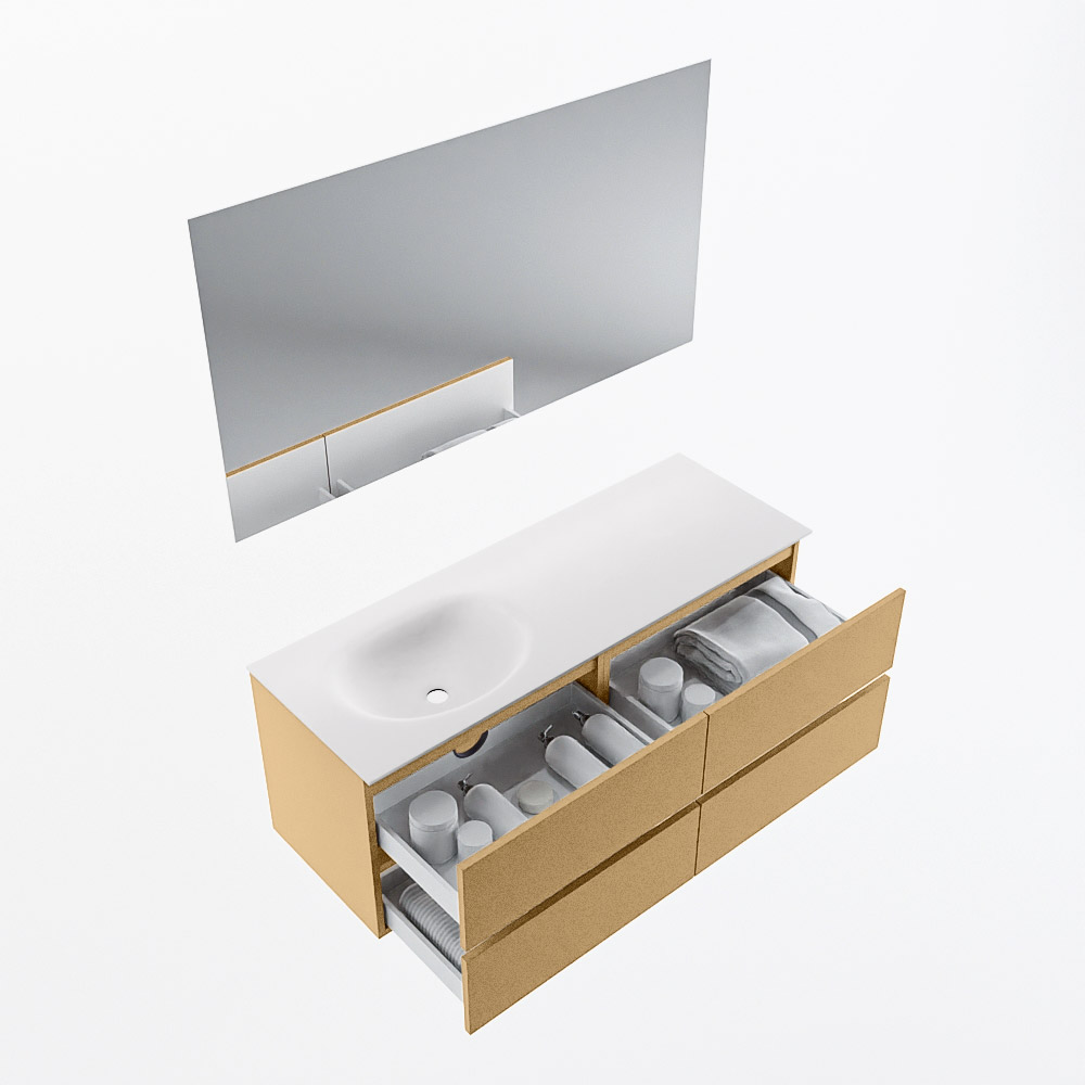 MONDIAZ VICA 130cm mueble de baño Oro 4 cajones. Lavabo MOON Izquierda sin orificio color Talc con espejo LED. 6 MONDIAZ VICA 130cm mueble de baño Oro 4 cajones. Lavabo MOON Izquierda sin orificio color Talc con espejo LED. - Imagen 7