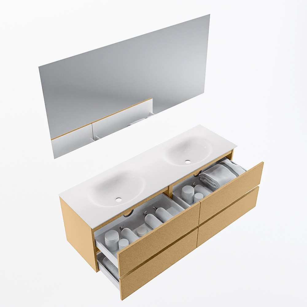 MONDIAZ VICA 150cm mueble de baño Oro 4 cajones. Lavabo MOON Doble sin orificio color Talc con espejo LED. 7 MONDIAZ VICA 150cm mueble de baño Oro 4 cajones. Lavabo MOON Doble sin orificio color Talc con espejo LED. - Imagen 7
