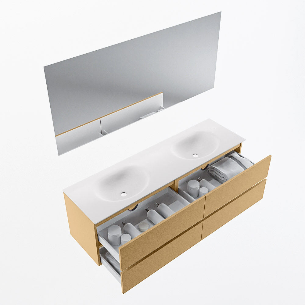 MONDIAZ VICA 160cm mueble de baño Oro 4 cajones. Lavabo MOON Doble 2 orificios color Talc con espejo LED. 7 MONDIAZ VICA 160cm mueble de baño Oro 4 cajones. Lavabo MOON Doble 2 orificios color Talc con espejo LED. - Imagen 7