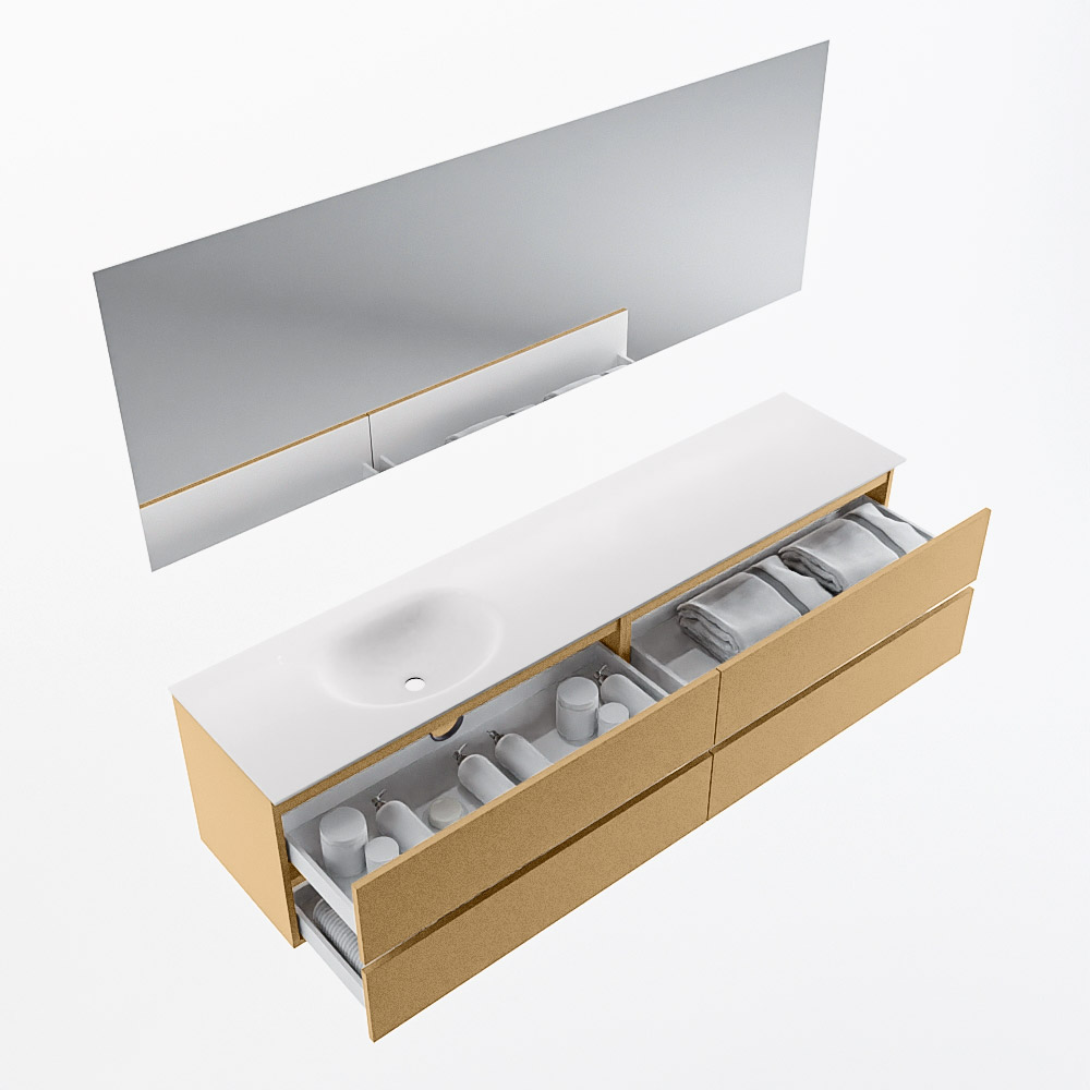 MONDIAZ VICA 200cm mueble de baño Oro 4 cajones. Lavabo MOON Izquierda sin orificio color Talc con espejo LED. 7 MONDIAZ VICA 200cm mueble de baño Oro 4 cajones. Lavabo MOON Izquierda sin orificio color Talc con espejo LED. - Imagen 7