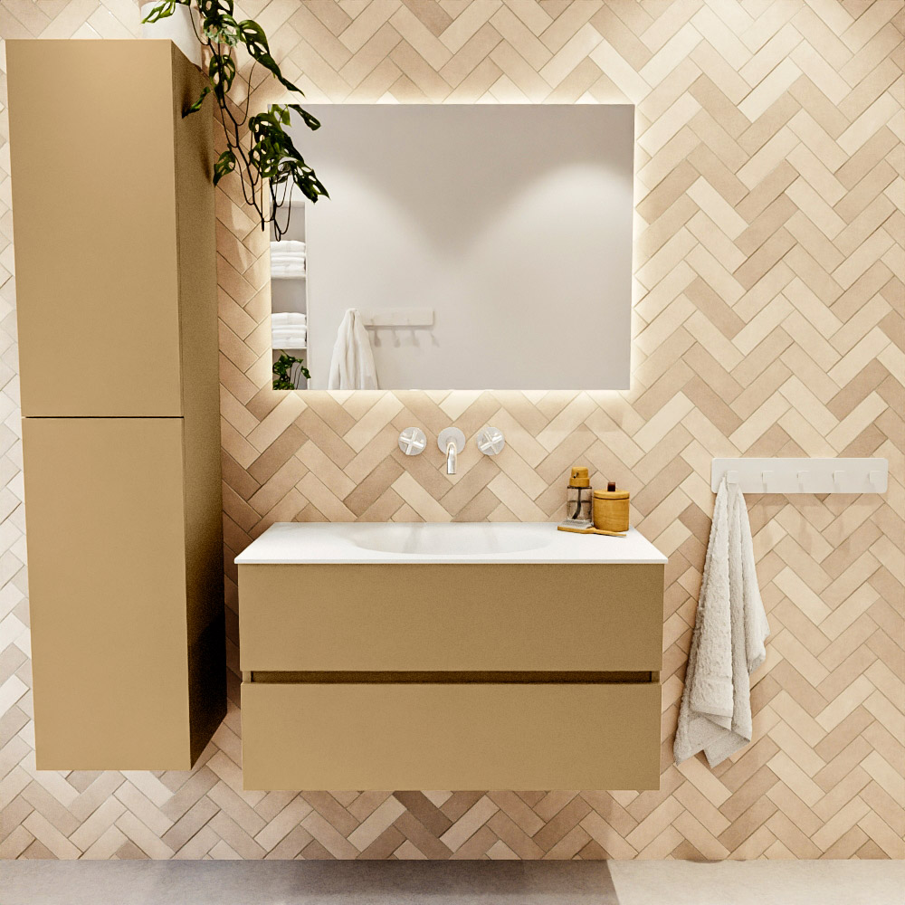 MONDIAZ VICA 90cm mueble de baño Oro 2 cajones. Lavabo MOON Centro sin orificio color Talc con espejo LED. 2 MONDIAZ VICA 90cm mueble de baño Oro 2 cajones. Lavabo MOON Centro sin orificio color Talc con espejo LED. - Imagen 2