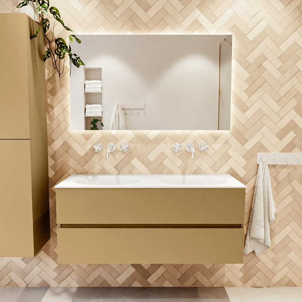 MONDIAZ VICA 120cm mueble de baño Oro 2 cajones. Lavabo MOON Doble sin orificio color Talc con espejo LED. 2 MONDIAZ VICA 120cm mueble de baño Oro 2 cajones. Lavabo MOON Doble sin orificio color Talc con espejo LED. - Imagen 2