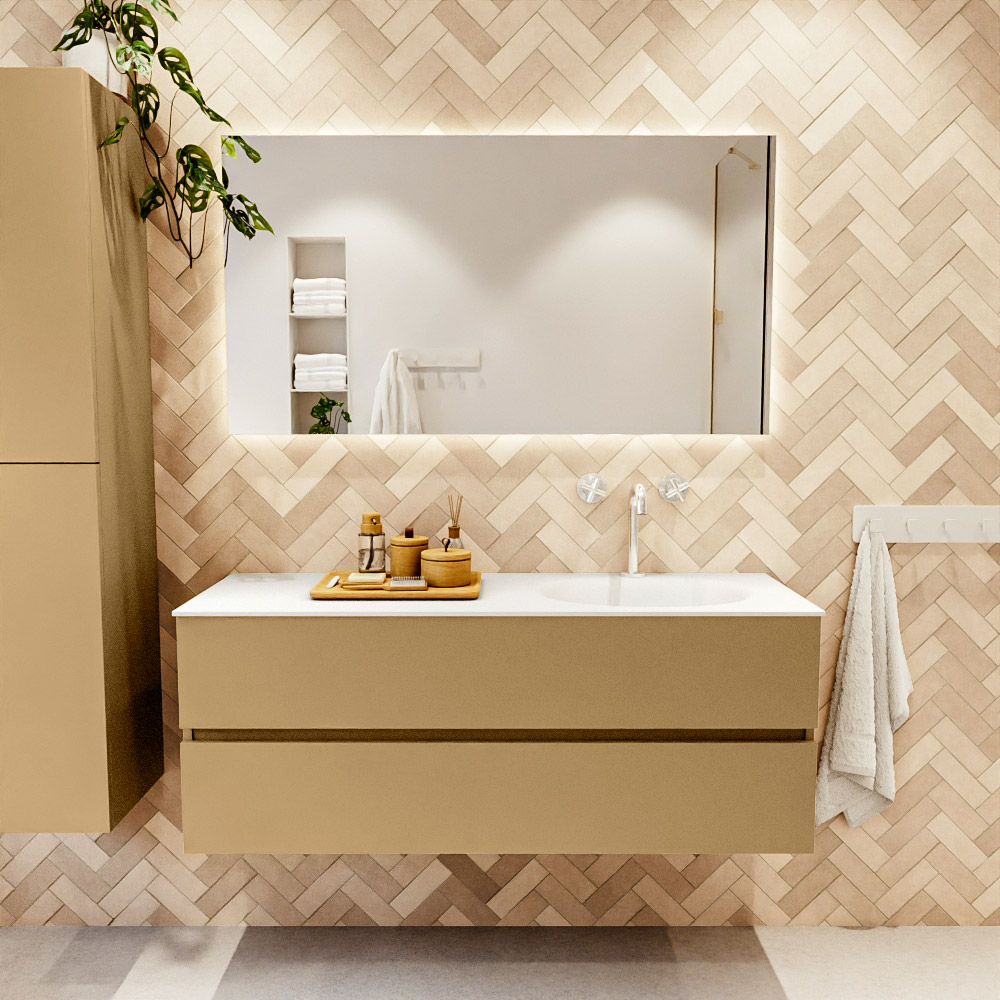 MONDIAZ VICA 130cm mueble de baño Oro 2 cajones. Lavabo MOON Derecho 1 orificio color Talc con espejo LED. 2 MONDIAZ VICA 130cm mueble de baño Oro 2 cajones. Lavabo MOON Derecho 1 orificio color Talc con espejo LED. - Imagen 2