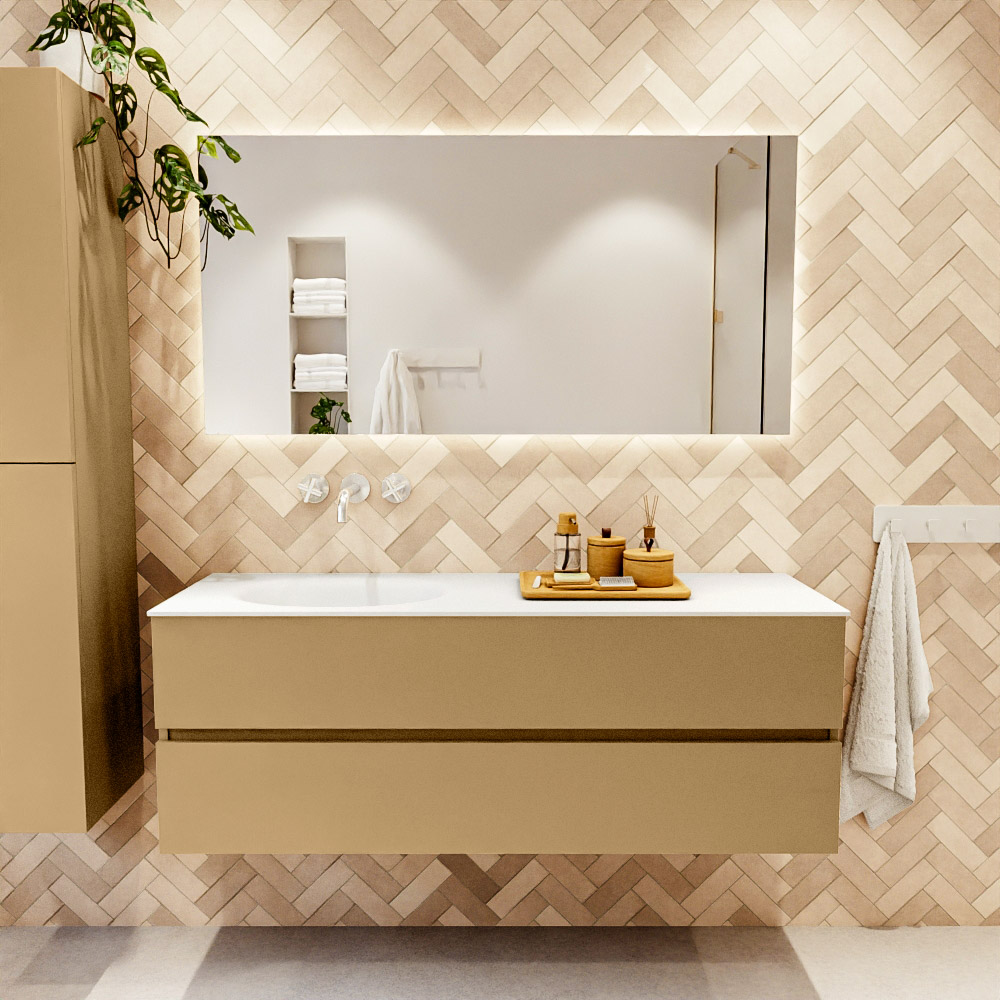 MONDIAZ VICA 140cm mueble de baño Oro 2 cajones. Lavabo MOON Izquierda sin orificio color Talc con espejo LED. 2 MONDIAZ VICA 140cm mueble de baño Oro 2 cajones. Lavabo MOON Izquierda sin orificio color Talc con espejo LED. - Imagen 2