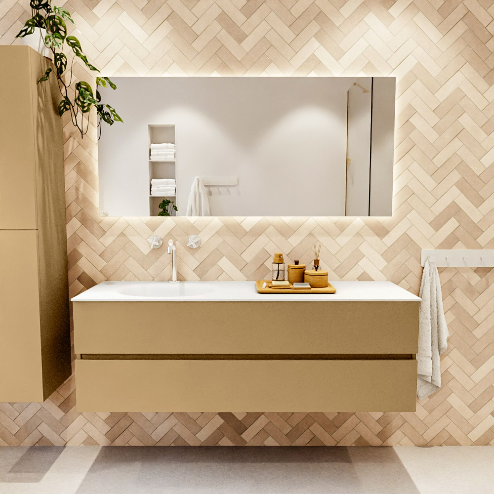 MONDIAZ VICA 150cm mueble de baño Oro 2 cajones. Lavabo MOON Izquierda 1 orificio color Talc con espejo LED. 2 MONDIAZ VICA 150cm mueble de baño Oro 2 cajones. Lavabo MOON Izquierda 1 orificio color Talc con espejo LED. - Imagen 2
