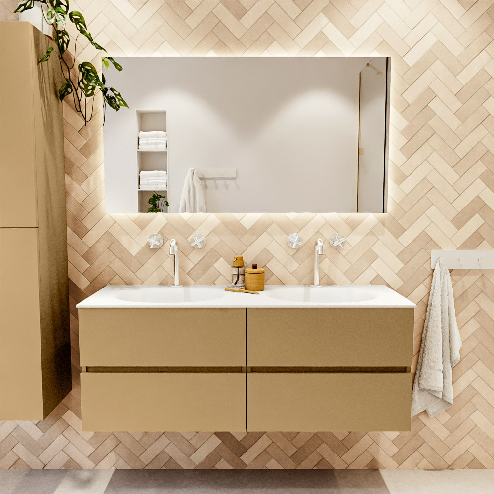 MONDIAZ VICA 130cm mueble de baño Oro 4 cajones. Lavabo MOON Doble 2 orificios color Talc con espejo LED. 2 MONDIAZ VICA 130cm mueble de baño Oro 4 cajones. Lavabo MOON Doble 2 orificios color Talc con espejo LED. - Imagen 2