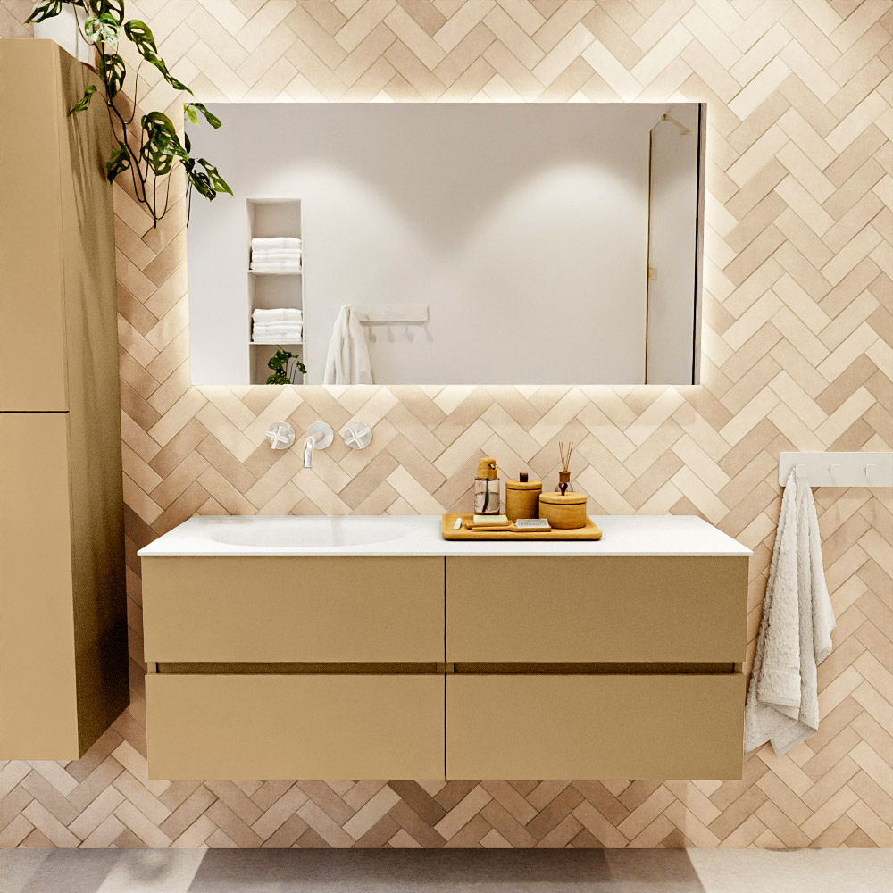 MONDIAZ VICA 130cm mueble de baño Oro 4 cajones. Lavabo MOON Izquierda sin orificio color Talc con espejo LED. 2 MONDIAZ VICA 130cm mueble de baño Oro 4 cajones. Lavabo MOON Izquierda sin orificio color Talc con espejo LED. - Imagen 2