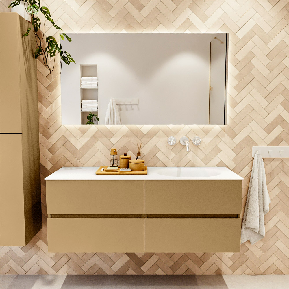 MONDIAZ VICA 130cm mueble de baño Oro 4 cajones. Lavabo MOON Derecho sin orificio color Talc con espejo LED. 2 MONDIAZ VICA 130cm mueble de baño Oro 4 cajones. Lavabo MOON Derecho sin orificio color Talc con espejo LED. - Imagen 2