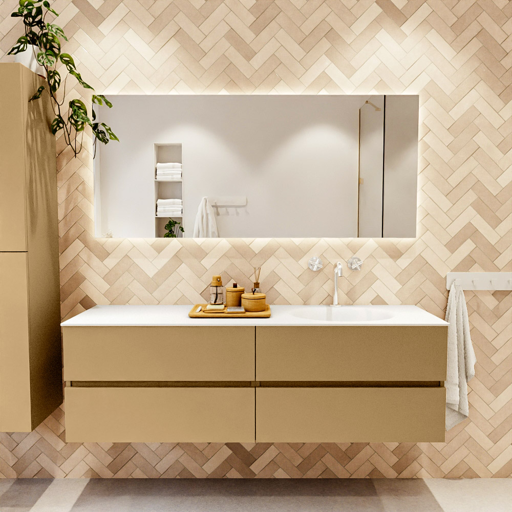 MONDIAZ VICA 160cm mueble de baño Oro 4 cajones. Lavabo MOON Derecho 1 orificio color Talc con espejo LED. 2 MONDIAZ VICA 160cm mueble de baño Oro 4 cajones. Lavabo MOON Derecho 1 orificio color Talc con espejo LED. - Imagen 2