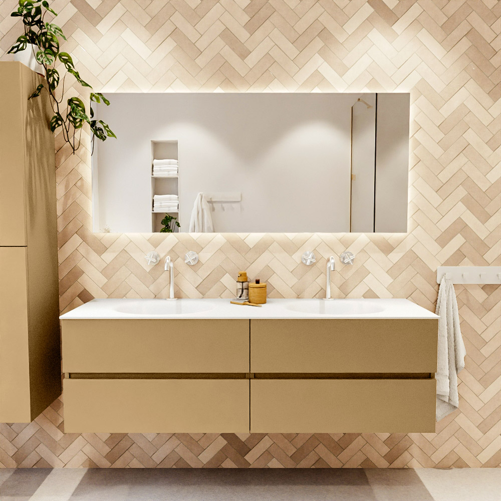 MONDIAZ VICA 160cm mueble de baño Oro 4 cajones. Lavabo MOON Doble 2 orificios color Talc con espejo LED. 2 MONDIAZ VICA 160cm mueble de baño Oro 4 cajones. Lavabo MOON Doble 2 orificios color Talc con espejo LED. - Imagen 2
