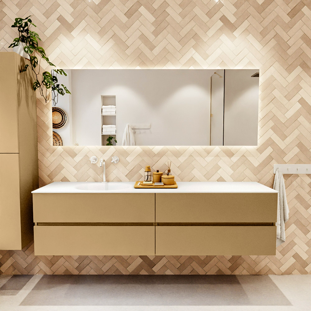 MONDIAZ VICA 190cm mueble de baño Oro 4 cajones. Lavabo MOON Izquierda 1 orificio color Talc con espejo LED. 2 MONDIAZ VICA 190cm mueble de baño Oro 4 cajones. Lavabo MOON Izquierda 1 orificio color Talc con espejo LED. - Imagen 2